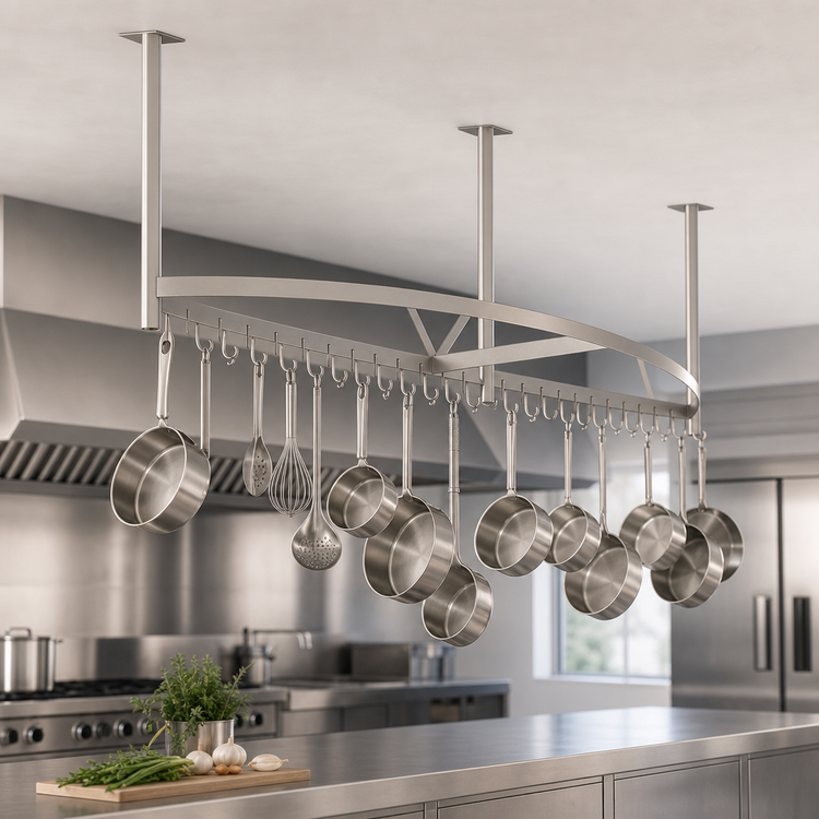 Product image #3 for John Boos Boat-Shaped Ceiling-Mounted Stainless Steel Pot Rack with 33 Double Hooks