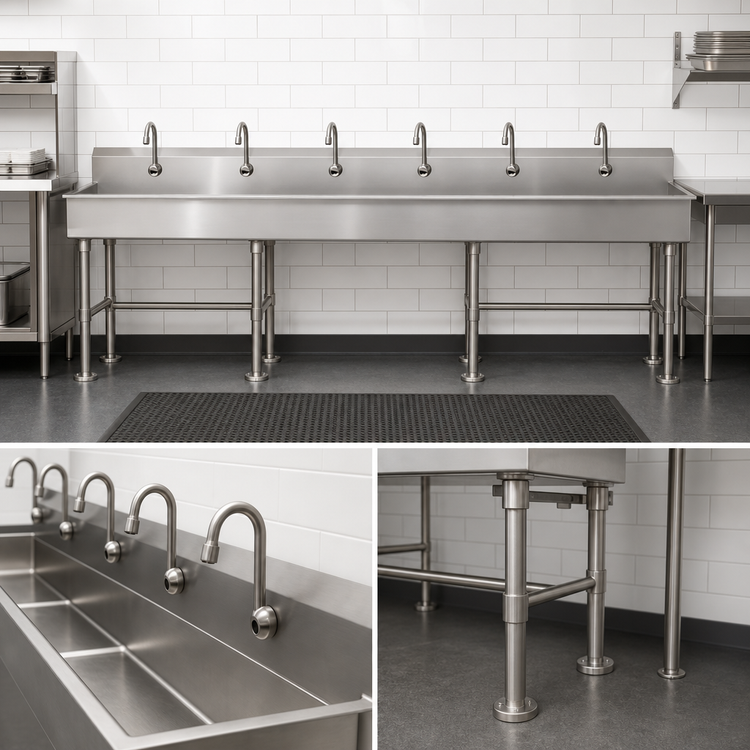 Product image #3 for Advance Tabco 120-Inch Six-Station Knee-Operated Floor-Mounted Hand Wash Sink with Gooseneck Spouts