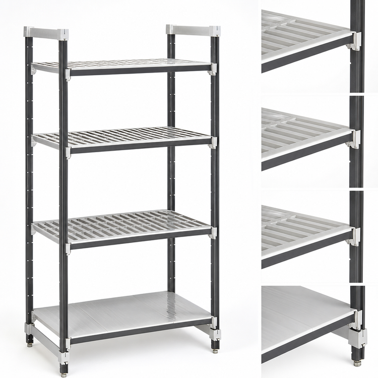 Product image #3 for Cambro Camshelving Elements XTRA Polymer Shelving Starter Unit, 21 x 42 x 64 Inches, 4-Tier, 3 Vented + 1 Solid, Speckled Gray