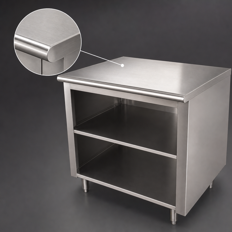 Product image #3 for Advance Tabco 96-Inch x 30-Inch Open Front Cabinet Base Work Table with Mid-Shelf, 14 Gauge 304 Stainless Steel Top