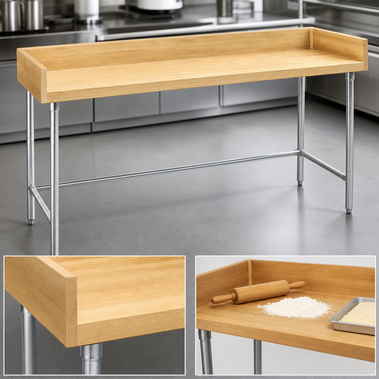 Product image #3 for Advance Tabco Bakers' Top Wood Work Table with Galvanized Base and 4-Inch Rear and Side Splashes, 96 x 30 Inches