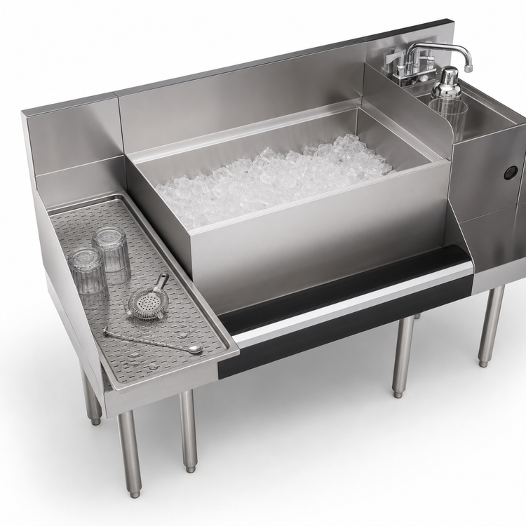Product image #4 for Krowne Royal Series 60-Inch Recessed Drainboard Underbar Ice Bin/Cocktail Station with 12-Inch Blender Station and 10-Circuit Cold Plate