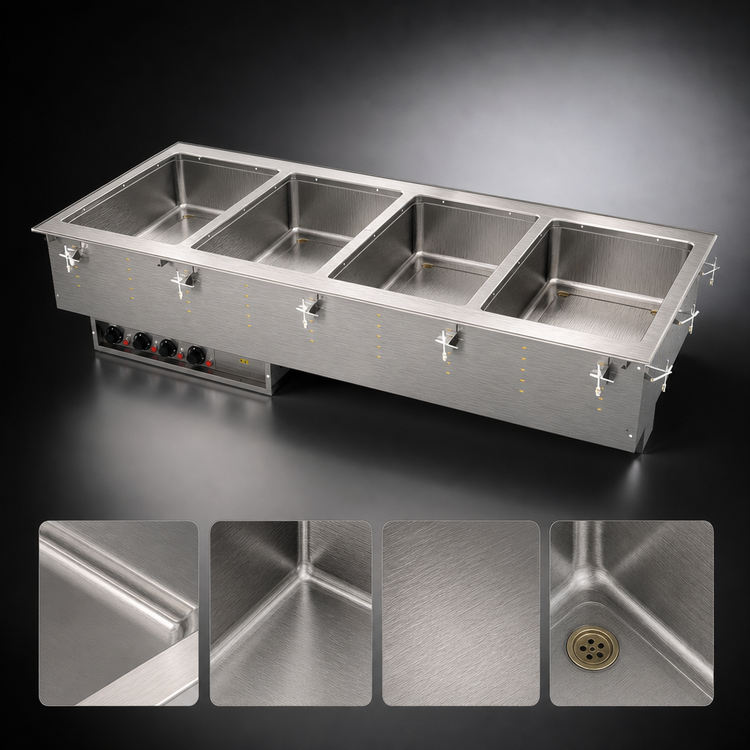 Product image #3 for Vollrath Four-Well Modular Drop-In Electric Hot Food Well Unit, 240V, 2500W, Marine-Grade Stainless Steel Wells, Infinite Controls, Manifold Drain