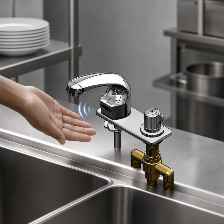 Product image #3 for ChekPoint Touchless Electronic Single-Hole Deck-Mount Faucet with Thermostatic Mixing Valve, 4-Inch Centers Deck Plate, Chrome-Plated Brass, 0.5 GPM