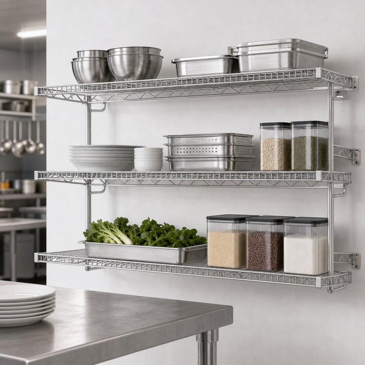 Product image #3 for Eagle Group QuadTruss 3-Tier Wall-Mounted Piggyback Wire Shelf Kit, 60 x 18 Inch, Chrome