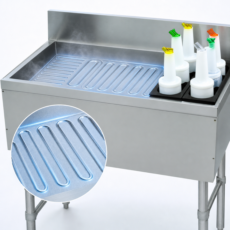 Product image #3 for Advance Tabco Prestige Supreme 48-Inch Underbar Bar Ice Bin with 10-Circuit Cold Plate and Bottle Storage Rack
