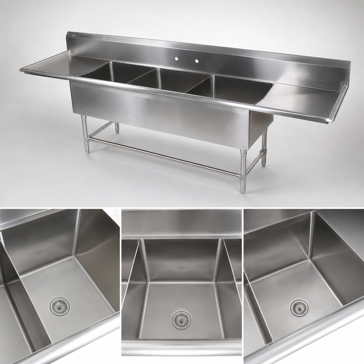 Product image #3 for John Boos Pro-Bowl 3-Compartment Sink with Left and Right Drainboards, 93-1/4 x 29-1/2 Inches, 14-Inch Deep