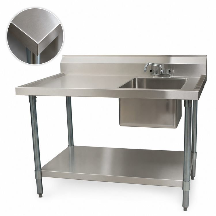 Product image #3 for 48-Inch x 30-Inch 304 Stainless Steel Sink Table with Right-Side Prep Sink and Undershelf