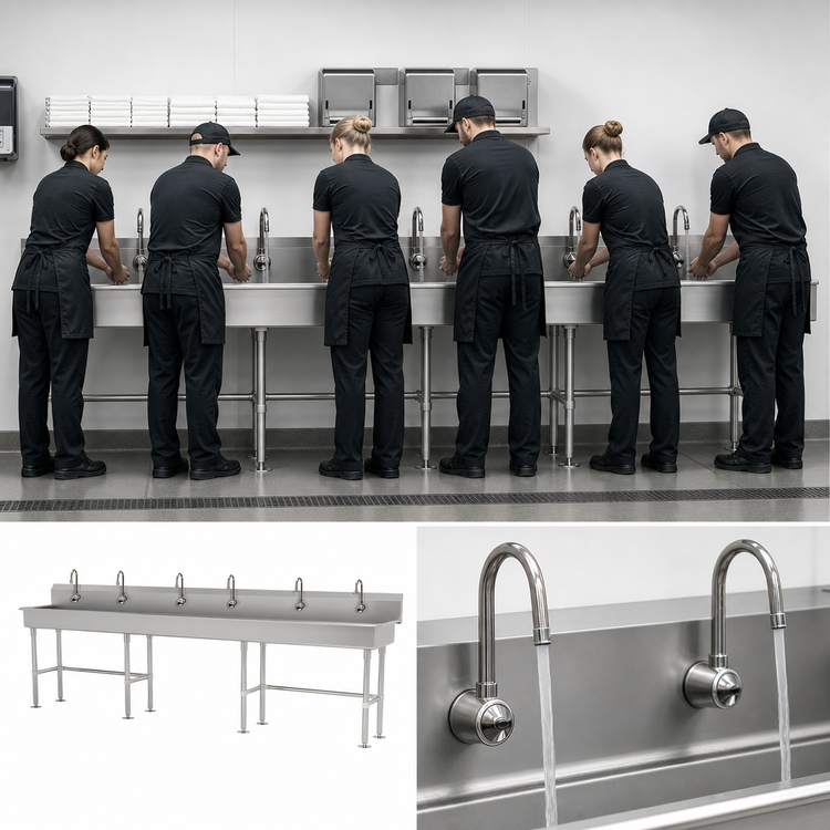 Product image #3 for Advance Tabco FS-FM-120EFADA Multiwash Freestanding Hand Wash Sink with 6 Electronic Faucets, 120-Inch 304 Stainless Steel