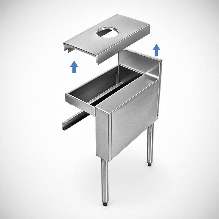 Product image #3 for CHOICE 15-Inch Stainless Steel Underbar Dry Waste Chute with Removable Top and Right-Side Legs