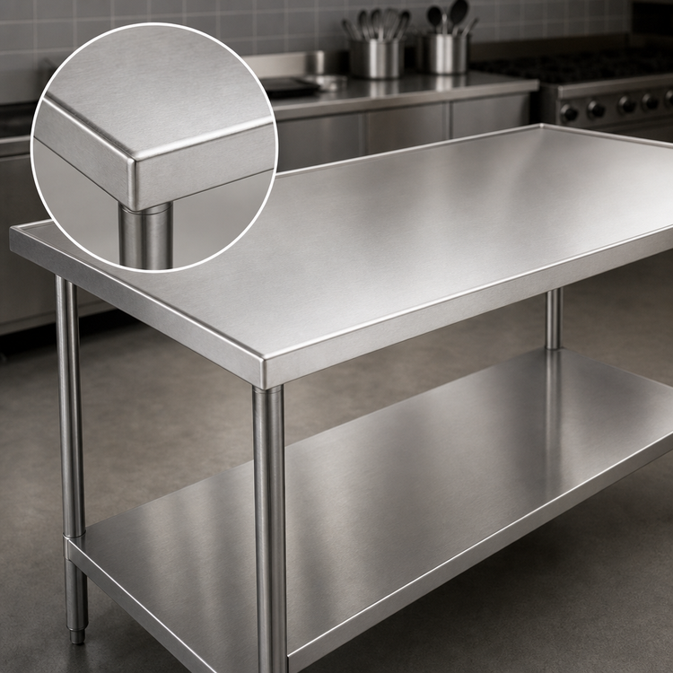 Product image #3 for Advance Tabco 48" x 48" 14-Gauge 304 Stainless Steel Work Table with Countertop No-Drip Edge and Adjustable Galvanized Undershelf