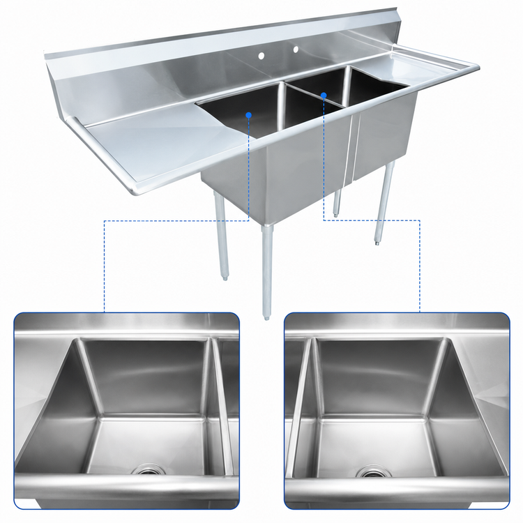 Product image #3 for Omcan 2-Compartment Pot Sink with Left & Right Drainboards, 72-Inch, 304 Stainless Steel