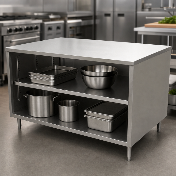 Product image #3 for BK Resources Open Front Chef Table Cabinet Base, 18 x 30 x 34-3/4 Inch, 14 Gauge 304 Stainless Steel Top