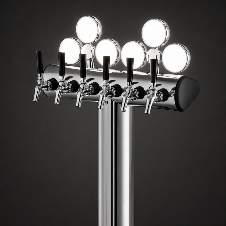 Product image #3 for Perlick 8-Faucet Illuminated Winged Bridge Countertop Glycol-Cooled Draft Tower, Stainless Steel