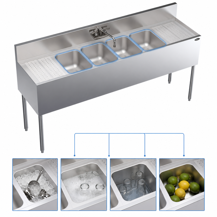 Product image #3 for Krowne Royal Series Four-Compartment Stainless Steel Underbar Sink Unit with Left and Right Drainboards and Faucet, 72 Inch