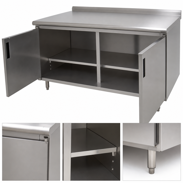 Product image #3 for Advance Tabco 108-Inch x 24-Inch Enclosed Stainless Steel Work Table with 14-Gauge 304 Top, Cabinet Base, and Hinged Doors