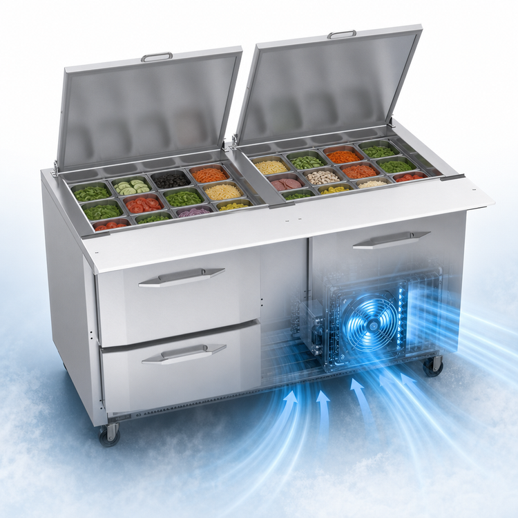 Product image #4 for Victory UltraSpec™ V-Core™ Big Top Two-Section Sandwich Prep Table with 24-Pan Top, 60-Inch, Doors & Drawers