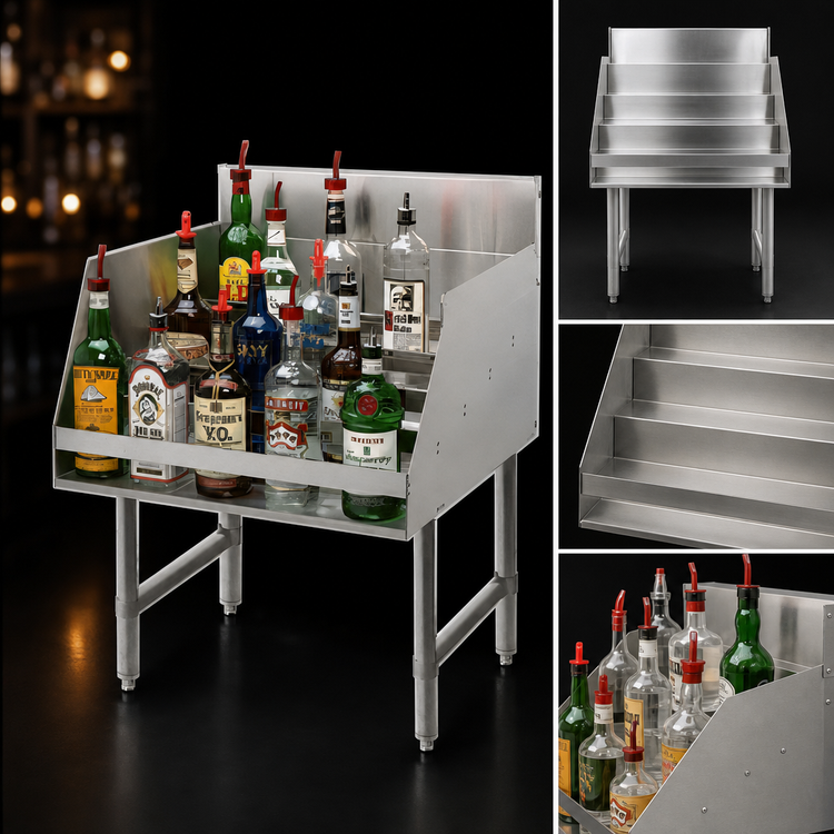 Product image #4 for Advance Tabco 24 Inch 5-Step Freestanding Stainless Steel Liquor Bottle Display Unit with 4 Inch Backsplash