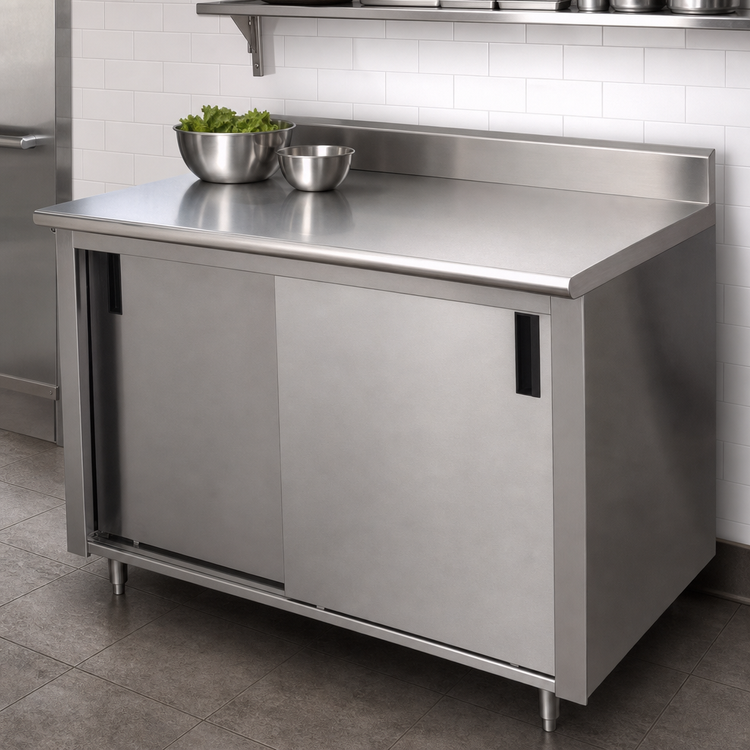 Product image #3 for Advance Tabco 84" x 30" Enclosed Work Table with Cabinet Base, Mid-Shelf, Sliding Doors, 14 Gauge 304 Stainless Steel Top, and 5" Backsplash