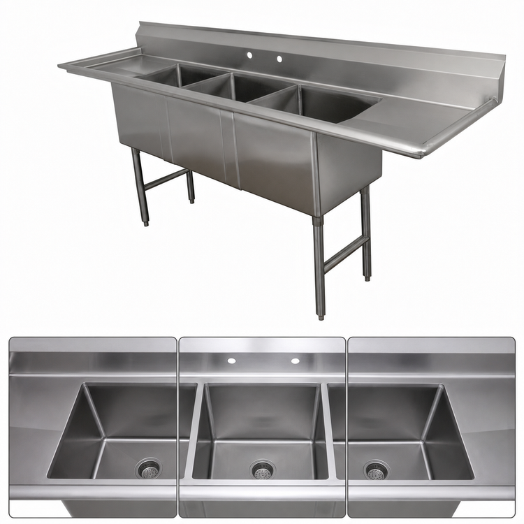 Product image #3 for Advance Tabco 120-Inch 3-Compartment Fabricated Sink with Left & Right Drainboards, 14-Gauge 304 Stainless Steel