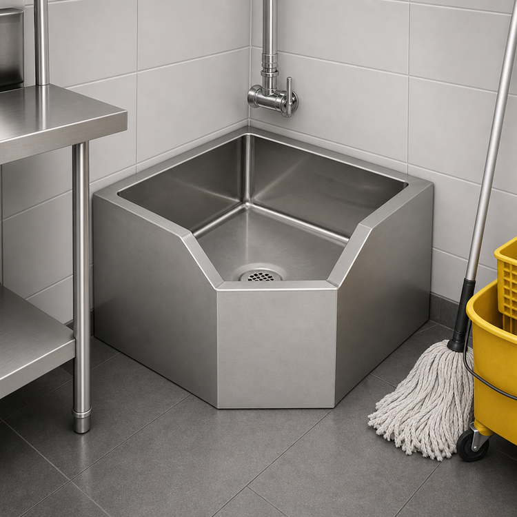 Product image #3 for Eagle Corner Floor-Mounted Mop Sink with Drop Edge, 24" x 24" x 12" Fabricated Bowl, 304 Stainless Steel