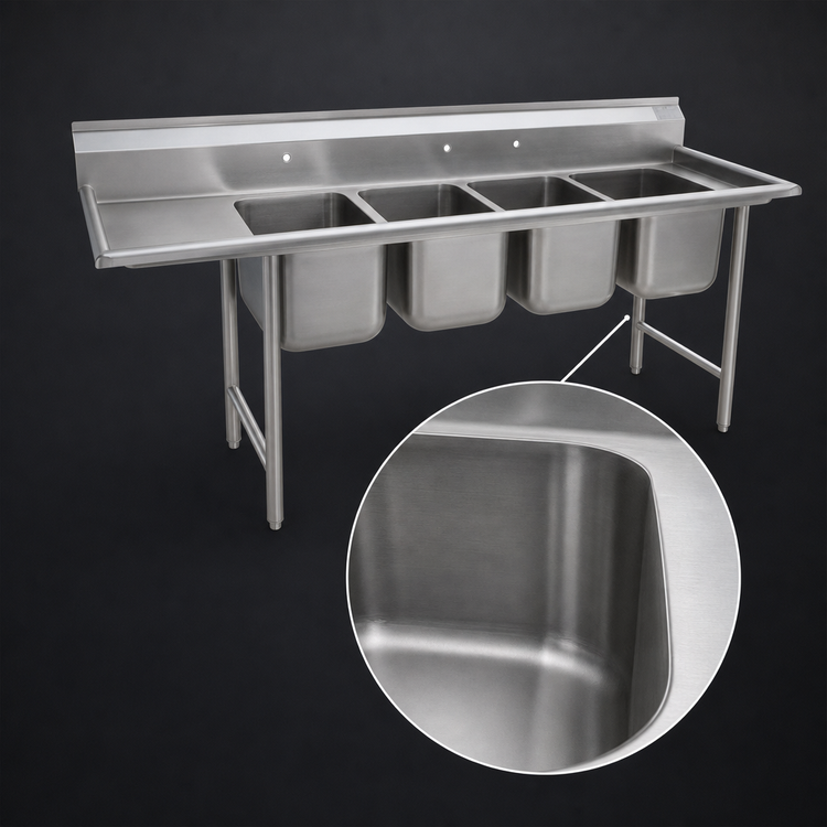 Product image #3 for Eagle Group 414 Series Coved Corner Four-Compartment Sink with 24-Inch Left-Hand Drainboard, 16 x 20 x 13-1/2 Inch Bowls