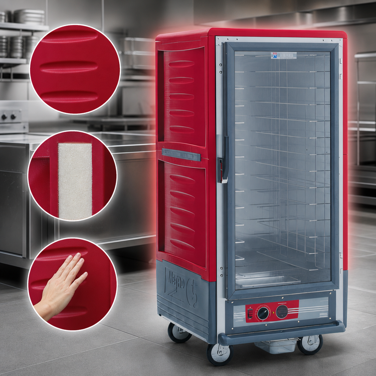 Product image #3 for Metro C5 Insulation Armour Red 3/4 Height Mobile Heated Holding Cabinet with Clear Door and Fixed Wire Slides