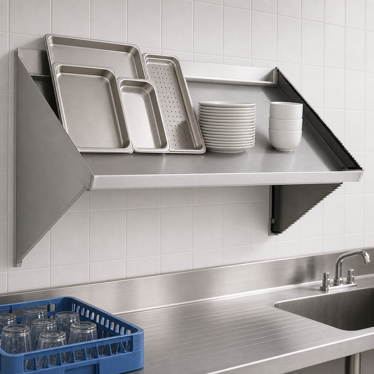 Product image #3 for Eagle Group 84-Inch Wall-Mounted Slanted Solid Rack Shelf with Right-Side Drip Tube, 304 Stainless Steel
