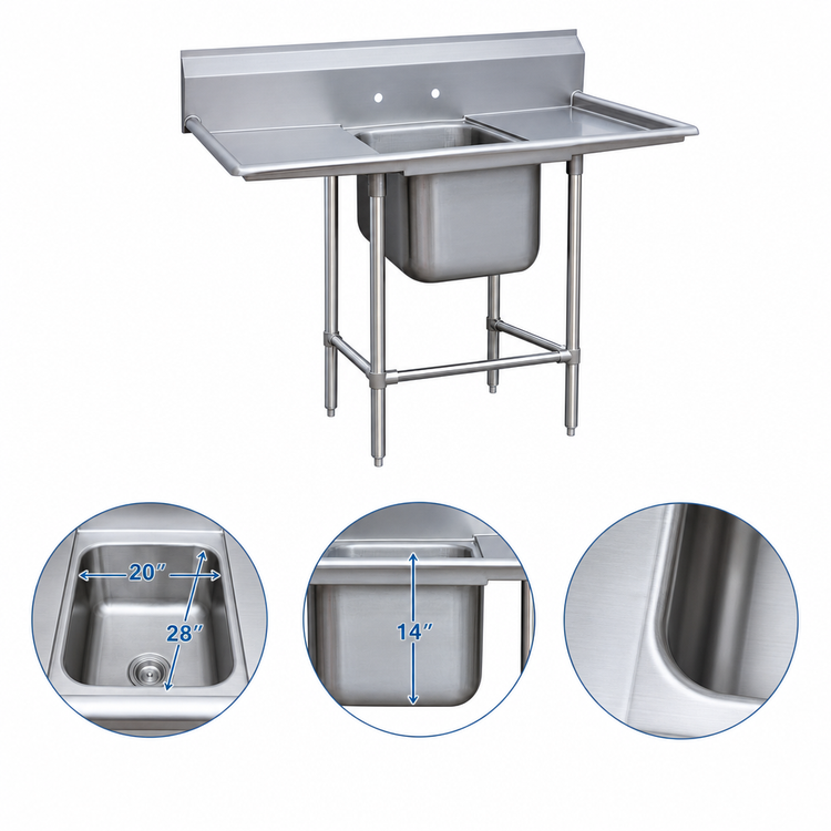 Product image #3 for Regaline 1-Compartment Sink with Left & Right Drainboards, 20" x 28" Bowl, 14-Gauge 304 Stainless Steel