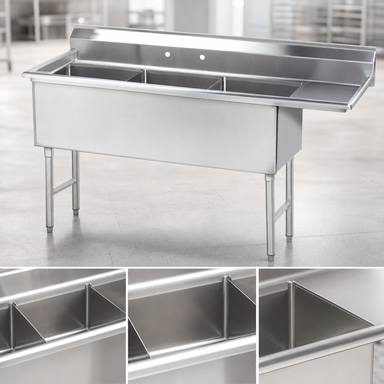 Product image #3 for Advance Tabco 3-Compartment Fabricated Sink with Right-Hand Drainboard, 24 x 30 x 14-Inch Bowls, 14-Gauge 304 Stainless Steel