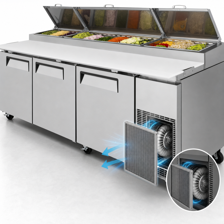Product image #3 for Turbo Air Super Deluxe Three-Section Pizza Prep Table with Self-Cleaning Condenser, 31 Cu. Ft., 93-1/8-Inch Wide