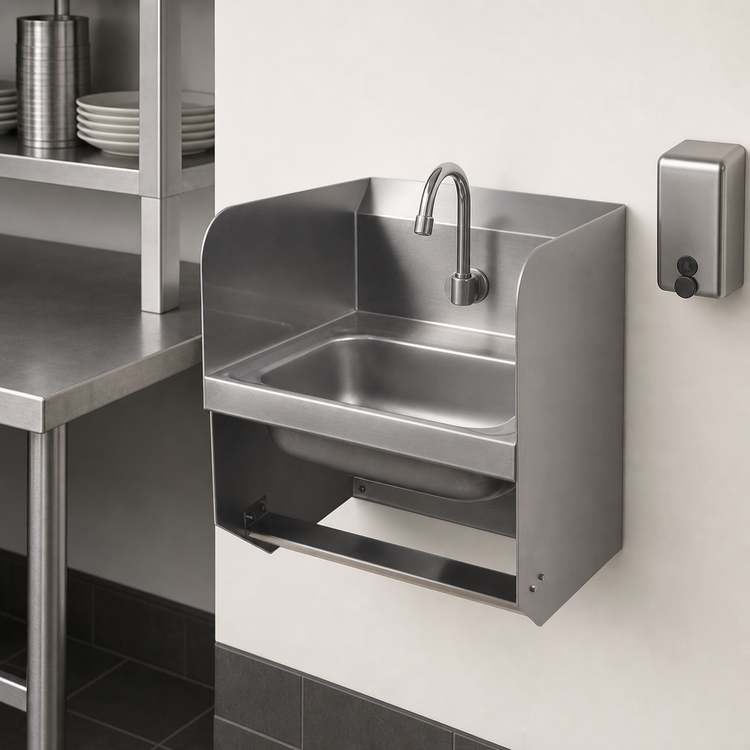 Product image #3 for BK Resources Wall-Mount 14" x 10" Hand Sink with Dual Side Splashes, 304 Stainless Steel