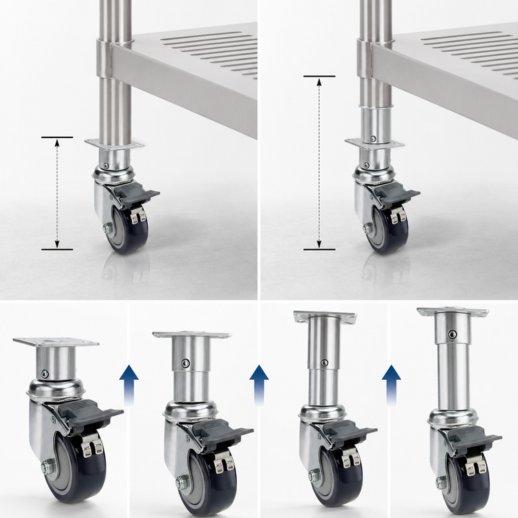 Product image #3 for Krowne Royal Series Adjustable Height Plate Caster Set, 3 Inch Swivel Locking Wheels, Grease Resistant, 4 Pack