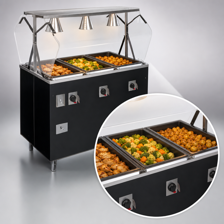 Product image #3 for Vollrath 2-Series Affordable Portable Deluxe 3-Well Mobile Hot Food Station with Illuminated Buffet Breath Guard and Enclosed Base