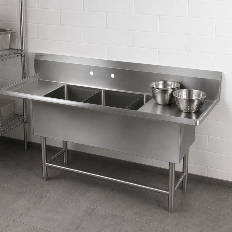 Product image #3 for John Boos Pro-Bowl 3-Compartment Sink with Right Drainboard, 82-3/16" W x 29-1/2" D, 18" x 24" x 14" Bowls, 14-Gauge Stainless Steel