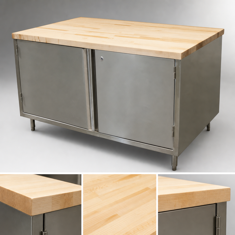 Product image #3 for BK Resources 48 x 36 Inch Hard Maple Top Chef Table with Stainless Steel Cabinet Base and Locking Hinged Doors