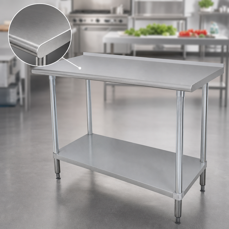 Product image #3 for Advance Tabco Special Value Series 84 Inch x 30 Inch 16 Gauge 430 Stainless Steel Work Table with 1-1/2 Inch Rear Backsplash and Adjustable Undershelf