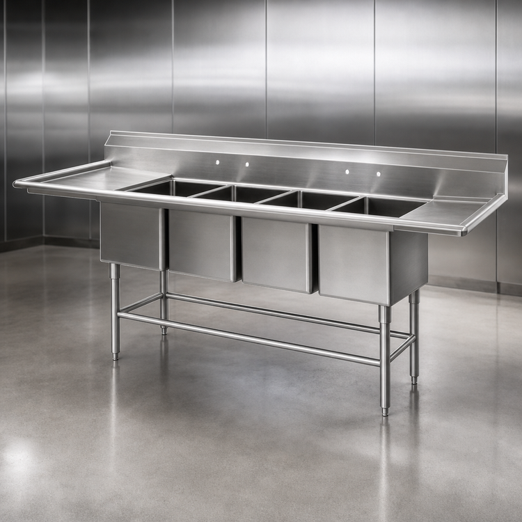Product image #3 for Spec-Master FN2880-4-36-14/3 160" Four-Compartment Stainless Steel Sink with Dual 36" Drainboards