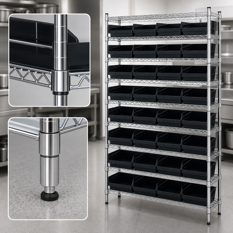 Product image #3 for Quantum Conductive Stationary Bin Wire Shelving System, 36W x 12D x 74H, Chrome Plated