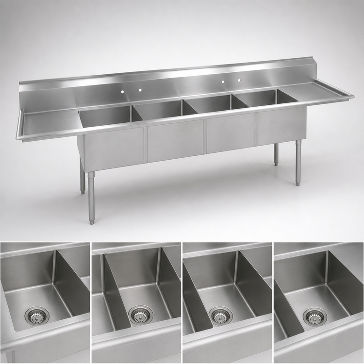 Product image #3 for BK Resources Four Compartment Sink with Left and Right Drainboards, 100"W x 25-3/16"D, 18-Gauge 304 Stainless Steel