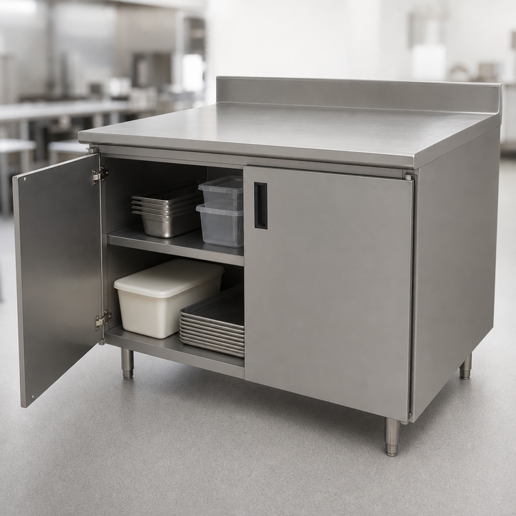 Product image #3 for Advance Tabco Special Value 84" x 24" Enclosed Work Table with Cabinet Base, 16-Gauge 304 Stainless Steel Top and 5" Backsplash