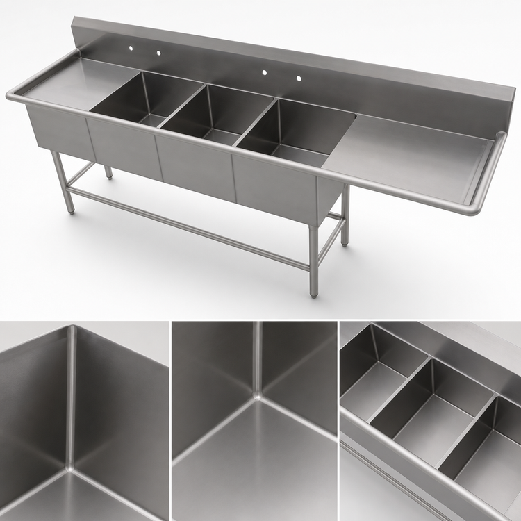 Product image #3 for John Boos Pro-Bowl 4-Compartment Sink with 30" Right Drainboard, 114-3/16" x 25-1/2", 14-Gauge Stainless Steel