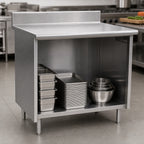 Thumbnail image #3 for Eagle Group Spec-Master OB3072SE-BS Open-Front Stainless Steel Cabinet Base Work Table, 72 x 30 in, 14-Gauge 304 Top, 4-1/2 in Backsplash