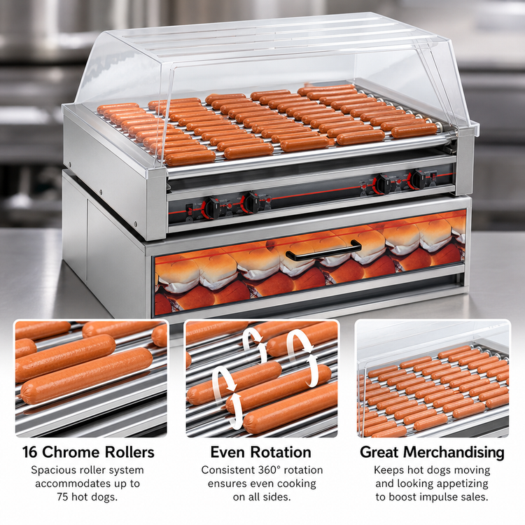 Product image #3 for Roll-A-Grill 16-Roller Countertop Hot Dog Roller Grill, 75 Hot Dog Capacity, 230V