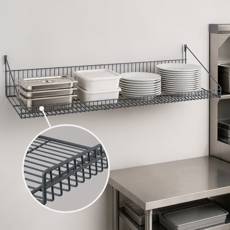 Product image #3 for Quantum 48" x 14" Gray Epoxy Antimicrobial Wall-Mounted Store Grid Shelf with Retaining Front Edge