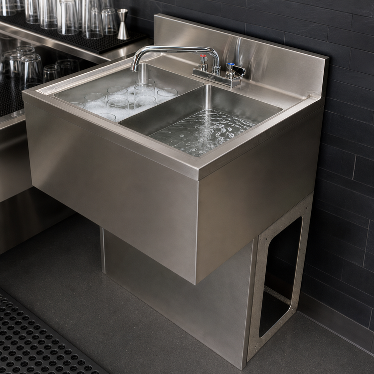 Product image #4 for BK Resources 24-Inch Two-Compartment Underbar Sink with 4-1/2-Inch Backsplash and Included Faucet