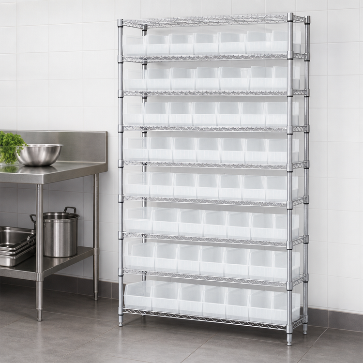 Product image #3 for Quantum Stationary Wire Shelving Bin System Unit with 10 Shelves and Clear Bins, 74-Inch High