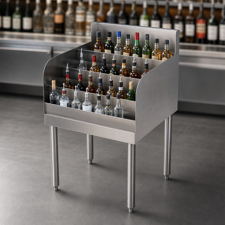 Product image #4 for BK Resources 18-Inch Wide 4-Step Stainless Steel Underbar Liquor Bottle Display Unit, 20-Bottle Capacity