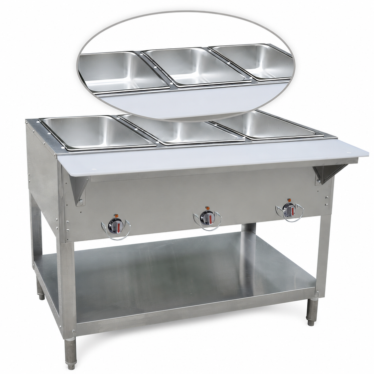Product image #3 for BK Resources 3-Well LP Gas Hot Food Table with Cutting Board Shelf and Adjustable Undershelf