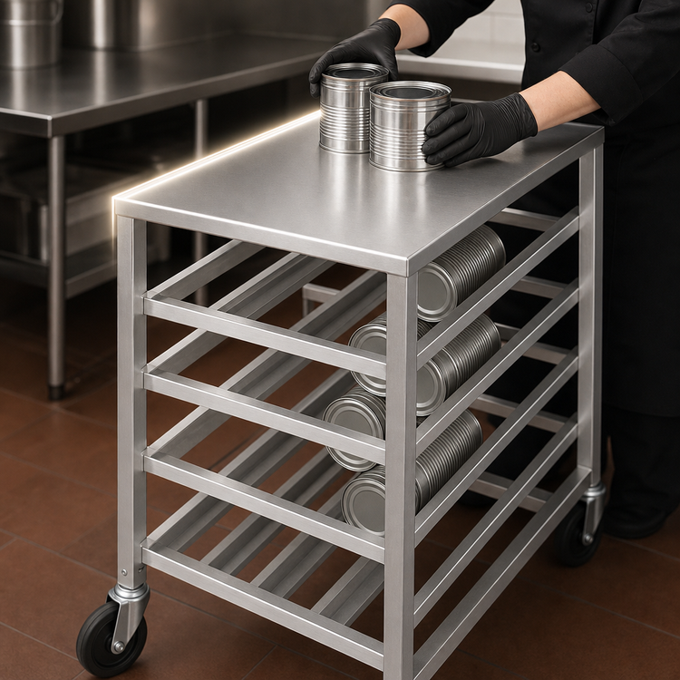 Product image #3 for Half-Size Mobile Aluminum Can Rack with Stainless Steel Top, 54 #10 Can Capacity